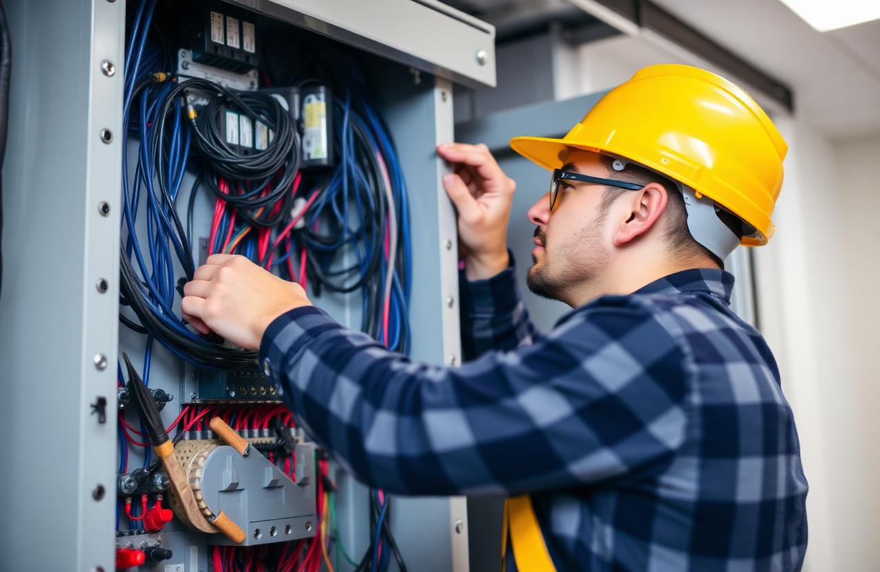 Electricista profesional trabajando en un panel eléctrico
